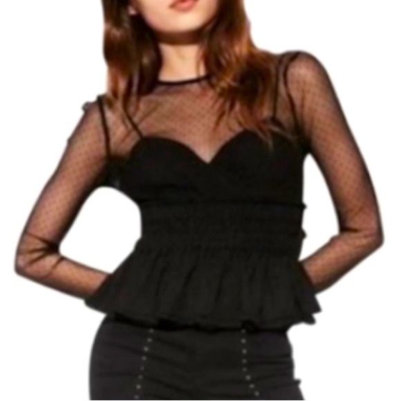 EXPRESS Sheer Cinched-Waist Peplum Top 🖤 - Picture 1 of 9